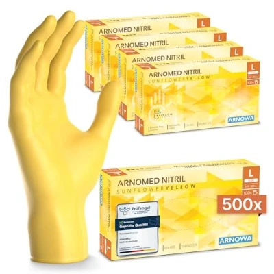 Abbildung von 500 Stk (5x100) ARNOMED Einweghandschuhe Gelb, Einmalhandschuhe L, Nitril Handschuhe Einweg, Nitrilhandschuhe puderfrei, Gummihandschuhe Schutzhandschuhe, in S, M, XL