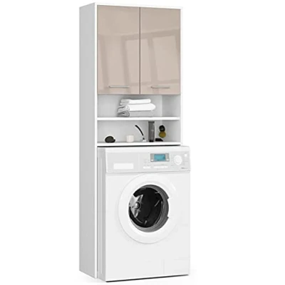 Abbildung von AKORD Waschmaschinenschrank Badezimmerschrank Kommode Waschmaschienenüberschrank B64 x H180 T30 cm, Gewicht 30 kg, Umbauschrank mit 2 Türen, offene Ablagefächer