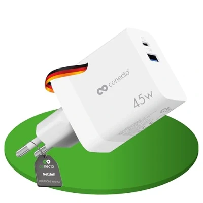 Abbildung von conecto USB C Ladegerät, 2 Port Mehrfach Adapter, Netzteil 45 Watt Schnellladegerät kompatibel mit Apple iPhone 15, Samsung, Tablet, Laptop UVM, GaN QC PD Charger, Weiß