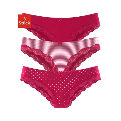 Abbildung von Lascana 3 PACK Bikinihose Rot gestreift uni gepunktet, Damen, Größe: 32, gepunktet