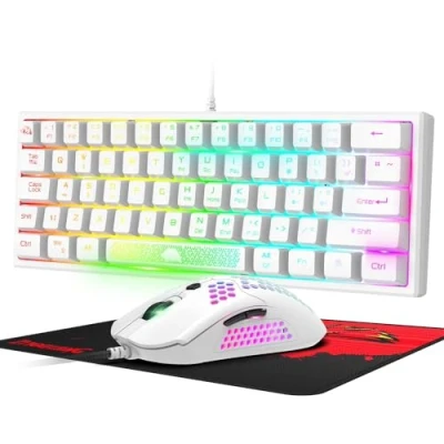Abbildung von 60 Prozent Mini Gaming Tastatur Und Maus Set Weiß, QWERTY Layout RGB Regenbogen LED Beleuchtet Mechanische Gefühl Ergonomische Tastatur, 12000 DPI Bienenwabe USB Verkabelt Fã¼r PC Laptop