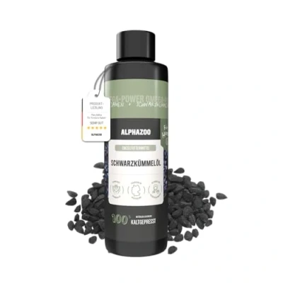Abbildung von alphazoo Premium Schwarzkümmel Öl für Hunde &amp; Nager 250 ml I Natürliches Futteröl mit Omega 6 9 Fettsäuren, kaltgepresst Haut Fellpflege