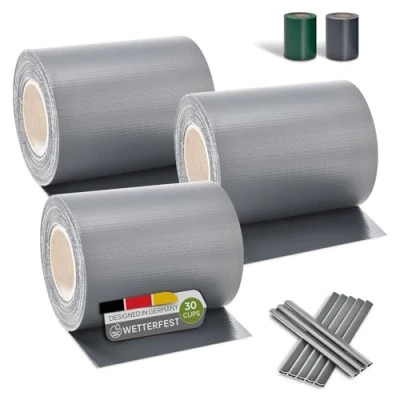 Abbildung von Juskys PVC Sichtschutzstreifen Doppelstabmatten Zaun 3er Set 3 Rollen á 35m x 19cm 90 Befestigungsclips Zaunfolie Sichtschutz Windschutz hellgrau
