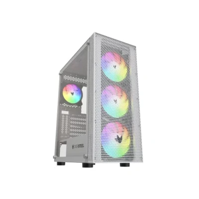 Abbildung von Oversteel Azurite Gaming PC Gehäuse, kompatibel mit ATX , Micro und ITX Boards, 4 120mm A RGB Lüfter, Mesh Front, vertikaler Einbau, gehärtetes Seitenglas, USB 3.0, Weiß