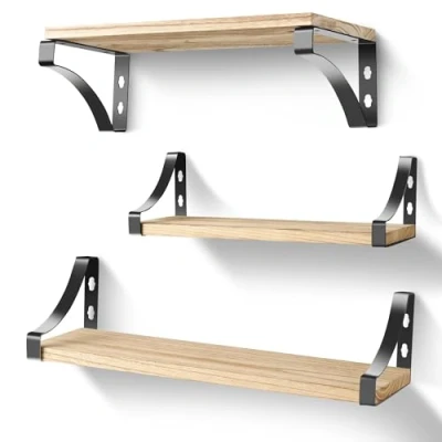 Abbildung von Solvant 3 Stück Wandregal Holz und Metall, Wandregale zur Aufbewahrung, Wall Shelf Depth 15 cm, Length 42/36/29 cm for Bathroom, Büro, Badezimmer oder Küche,Wandmontierte