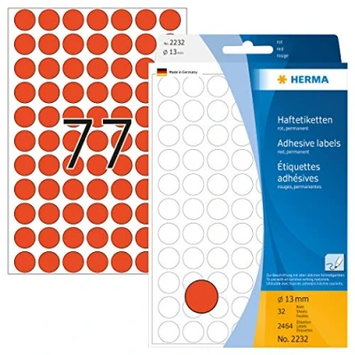 Abbildung von HERMA 2232 Punktaufkleber Klebepunkte rot, 2464 Stück, Ø 13 mm, 77 pro Bogen, selbstklebend, Markierungspunkte für Kalender Planer Basteln, matt, blanko Papier Farbpunkte Aufkleber