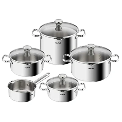 Abbildung von Tefal Topf Set &quot;Duetto&quot;, Edelstahl, (Set, 9 tlg., 1x Stielkasserolle 16 cm, je 1 Kochtopf mit Deckel 18/20/22/24 cm), Edelstahl Topfset, Siebdeckel, Ausgießer, alle Herdarten, Induktion