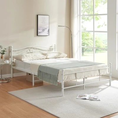 Abbildung von [en.casa] Metallbett &#039;Florenz&#039; 160x200cm mit Kopfteil Pulverbeschichtet Lattenrost Schlafzimmerbett Doppelbett Bett Weiß