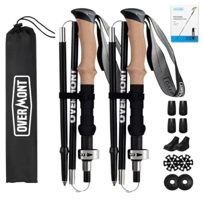 Abbildung von Overmont Wanderstöcke Faltbar Aluminium Ultraleicht Verstellbar 105 125 cm Trekkingstöcke Nordic Walking Stöcke 1 Paar mit All Terrain Zubehör Schwarz