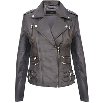 Abbildung von Infinity Leather Damen Retro Grau 100% Nappaleder Bikerjacke 5XL