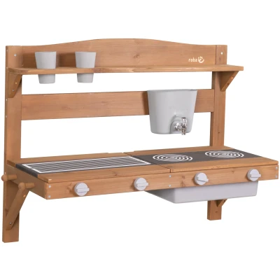 Abbildung von roba® Outdoor Spielküche Matschküche zum Aufhängen, teakholzfarben lasiert, aus Holz, FSC® schützt Wald weltweit