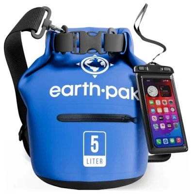 Abbildung von Earth Pak Dry Bag Wasserdichter Packsack mit Reißverschluss Tasche, Schultergurt und wasserfester Handyhülle Ideal beim Kajak Fahren, Camping, Angeln, Bootfahren Rafting (Blau, 5L)