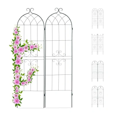 Abbildung von Relaxdays Rankgitter 2er Set, Metall, 180 x 50 cm, Vintage Rankhilfe Garten, geschwungene Form, zum Stecken, dunkelgrün, Design E