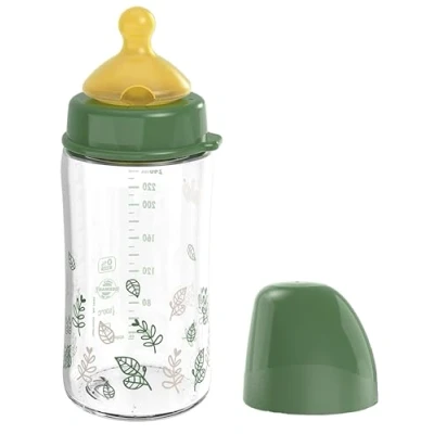 Abbildung von nip Cherry Weithalsflasche Glas mit Kirschsauger aus Latex, Anti Colic Babyflasche, Größe S &amp; M, 240 ml, Grün