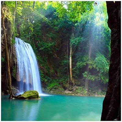 Abbildung von Wallario Glasbild Wasserfall im Wald am See Idylle in Thailand 50 x cm Wandbilder Glas Premium Qualität: Brillante Farben, freischwebende Optik