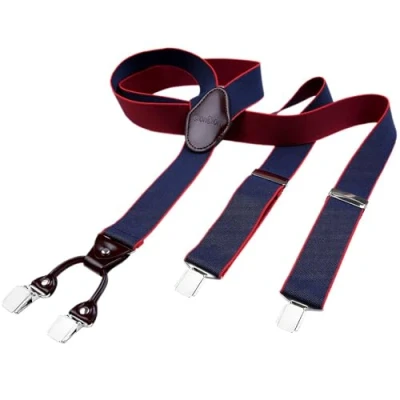 Abbildung von DonDon Hosenträger Herren extra stark 3,5 cm breit mit 4 Clips in Y Form und braunem Leder Patch, dunkelblau