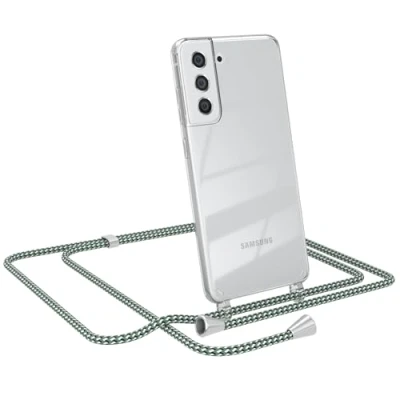 Abbildung von EAZY CASE Kette Schutzhülle kompatibel mit Samsung Galaxy S21 FE 5G, Stoßfest Fallschutz Bumper Schutzhülle, Handy, Silikonhülle, Handykette abnehmbar, Hell Grün Camouflage Clips Silber