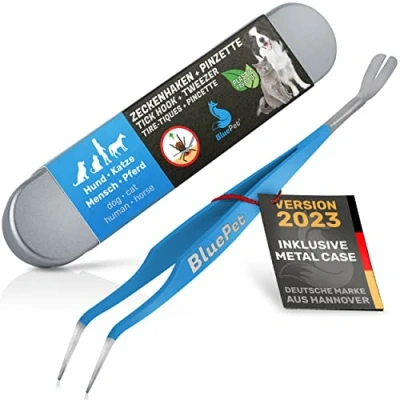 Abbildung von BluePet 2in1 Zeckenpinzette für Hunde, Katze, Pferd &amp; Mensch I Edelstahl Zeckenzange mit Case Zeckenhebel als Solider Zeckenentferner Alternative zu Zeckenpinzette, Zeckendreher Zeckenmittel