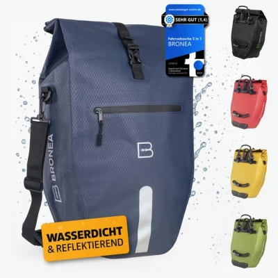 Abbildung von Bronea Fahrradtasche 2 in 1 Gepäckträgertasche Fahrrad XXL 28 Ltr JEANSBLUE abnehmbar (Fahrradtasche für Gepäckträger hinten, Wasserdicht &amp; Reflektierend Laptoptasche), Innovatives verstellbares Click System alle