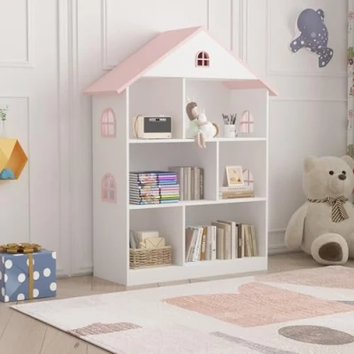 Abbildung von en.casa Kinderregal, »Stange« mit 6 Fächern in Hausform 107 x 83 30 cm Weiß/Rosa
