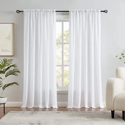 Abbildung von Melodieux Halbtransparente Vorhänge, 244 cm lang, für Schlafzimmer, Wohnzimmer, weiche Textur, Stangentaschen, Voile 132 x (2 Stoffbahnen)