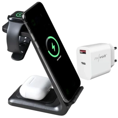 Abbildung von Callstel Wireless Ladestation: 3in1 Ladestation 20 W für iPhone, Apple Watch &amp; AirPods, mit Netzteil (Schnellladestationen Apple, Tisch Lade Station Magnet Ladekabel)