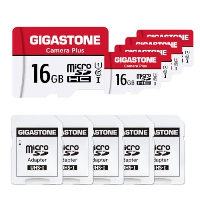 Abbildung von Gigastone Kamera Plus 16GB MicroSDHC Speicherkarte 5er Pack + SD Adapter, für Action und Drohne, Lesegeschwindigkeit bis zu 85MB/s, Full HD Videoaufnahme, U1 Klasse 10 Micro Karte UHS I