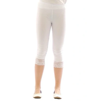 Abbildung von Mädchen Kinder Leggings Leggins Hose Capri 3/4 kurz mit Spitze Baumwolle Weiss 146