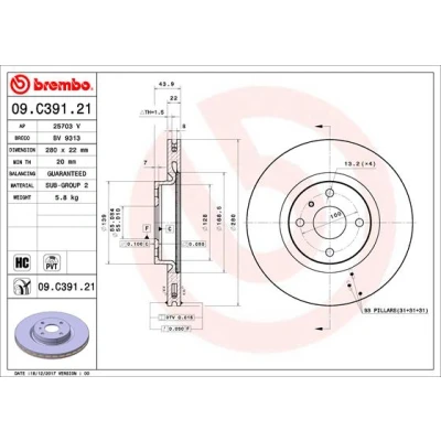 Abbildung von BREMBO 09.C391.21 Bremsscheibe 280 22 4 innenbelüftet beschichtet hochgekohlt MAZDA: MX 5 IV, IV RF Targa, ABARTH: 124 Spider, FIAT: Spider