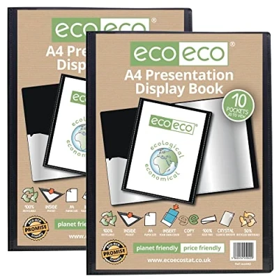 Abbildung von eco Eco042 x 2 Präsentationsbuch, A4 Format, 50% recycelt, 10 Taschen, Schwarz, Präsentationsmappe mit Kunststoffhüllen (Packung Büchern), Schwarz