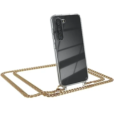 Abbildung von EAZY Case Handykette kompatibel mit Samsung Galaxy S23, Bumper Kordel zum Umhängen, Metallkordel Cover, Transparent Handyhülle Abnehmbar, Wechsel Schnur Austauschen Metall Gold