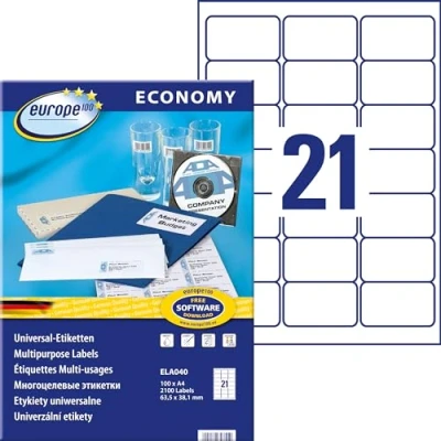 Abbildung von Europe100 Art. ELA040 Universal Etiketten (2.100 Klebeetiketten, 63,5x38,1mm auf A4, Papier matt, individuell bedruckbar, selbstklebende Aufkleber, kompatibel zu AVERY L6023REV 25) 100 Blatt, weiß