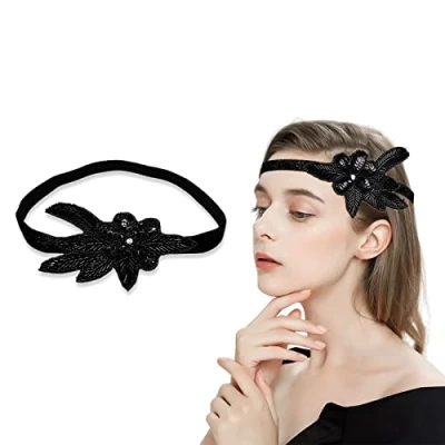 Abbildung von MIVAIUN 1920er Jahre Stil Haarband Vintage 20er Stirnband,Great Gatsby Damen,Pailletten Stirnband,Flapper Stirnband,Braut Tiara Haarschmuck,20er Showgirl Kopfbedeckung für Dame Mädchen (Schwarz)