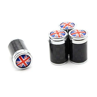 Abbildung von 4 Teile/Satz Kupfer + Kohlefaser England Flagge Stil Reifen Ventilkappe Radschaft Luftventilkappen für Auto Autos