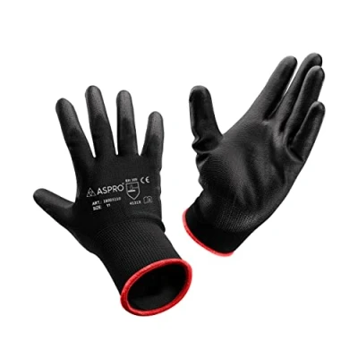 Abbildung von ASPRO Arbeitshandschuhe 30 Paar Größe 11 (XXL) Gartenhandschuhe Schwarze Nylon Handschuhe mit PU Beschichtung für Bauarbeiter, Gärtner, Mechaniker, Lagerarbeiter etc.