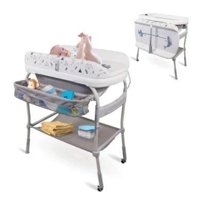 Abbildung von Mobiclinic® Kids, 2 in 1 Wickeltisch mit Badewanne, Trendy, 4 fach höhenverstellbar, Thermometer, Räder Bremse, Ablagekorb, Bis 50 kg, Drainageschlauch, 0 36 Monate