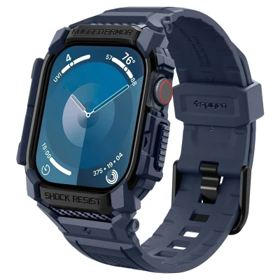 Abbildung von Apple Watch 10 42 mm Bumper Spigen Rugged Armor Pro Case Blau Silikon Und TPU (weich) Smartwatch Armbänder