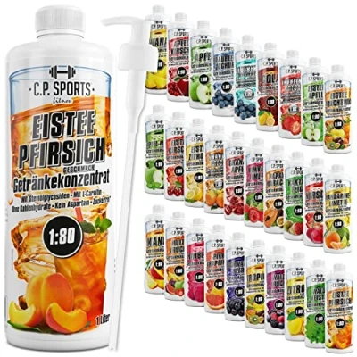 Abbildung von C.P. Sports Getränkesirup für Mineraldrink I Sirup zuckerfrei Vital Drink EISTEE PFIRSICH mit Vitaminen Getränkekonzentrat zum Mischen Wasser Sport Getränk 2 Liter + Pumpspender