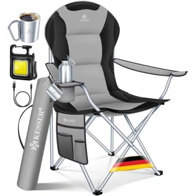 Abbildung von KESSER® Campingstuhl faltbar bis 150 kg Angelstuhl Faltstuhl Klappstuhl Gepolstert mit Armlehnen, Campinglicht und Getränkehalter + Tasche hoher Rückenlehne, Strandstuhl, Klapphocker, Grau