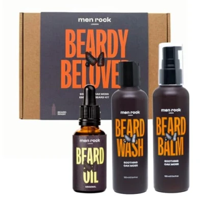 Abbildung von Men Rock Beardy Beloved Bartpflege Set für Männer mit Eichenmoos Duft, 3 tlg. Bartshampoo, Balm &amp; Öl