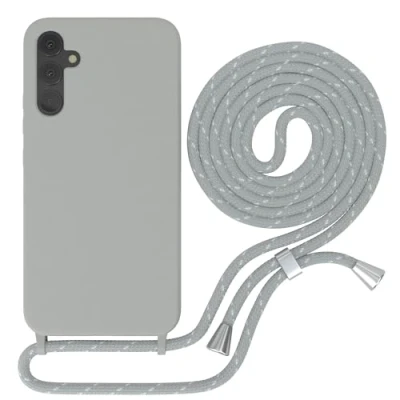Abbildung von EAZY Case Silikon mit Kette kompatibel Samsung Galaxy A34 Stoßfest Handyhülle Band, Stylische Abnehmbar Necklace als Set in Grau Riemen Hellgrau/Weiß Endstücke Silber