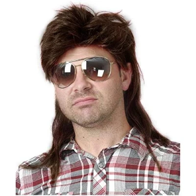 Abbildung von Perücke Männer Braun Vokuhila 80er Mullet Herren Lang Synthetische Haare Cosplay Halloween Kostüm Party