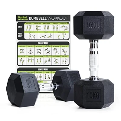 Abbildung von PhysKcal Hexagon Hanteln Poly Gummierte 10 kg Paar (2 Stück) Rutschsicher Ummantelt Ergonomische Verchromte Griffe Kurzhantel Set Dumbbells