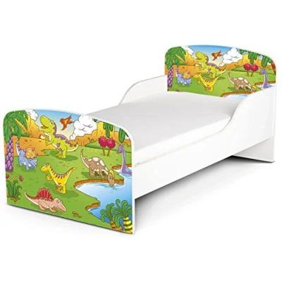 Abbildung von Leomark Funktionsbett aus Holz Dinosaurier Kinderbett mit Matratze, Holzbett Seitenschutz Lattenrost, Komplett Set für Kinder, Liegefläche 70/140 cm, UV Druck