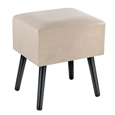 Abbildung von Baroni Home Pouf aus Samt, gepolsterte Bank, Hocker mit Holzbeinen 40X33X46 cm, Beige