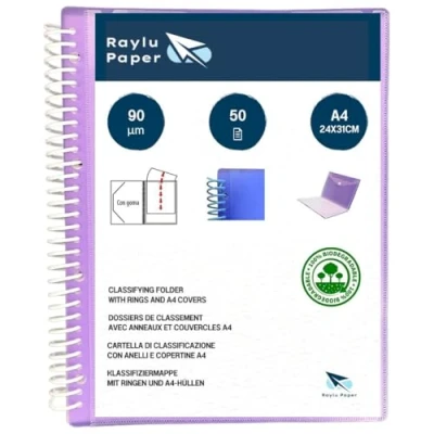 Abbildung von Raylu Paper® Sortiermappe mit Ringen A4 transparent 90 Mikron und Umschlag Klettverschluss, personalisierbarer Deckel, 100% biologisch abbaubar. (50 Hüllen, Violett)