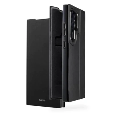 Abbildung von Hama Handyhülle für Samsung Galaxy S24 Ultra (Handytasche, Etui mit Kartenfach, Kunstleder, Metallelemente, Standfunktion, extra Schutz von Display und Kamera, Magnet, recycelt) schwarz
