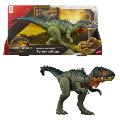 Abbildung von Mattel Jurassic World: Die Wiedergeburt Gigantic Thrashers Tyrannotitian Dinosaurier Spielzeugfigur, mit zwei aktivierbaren Wutanfällen, digitales Spiel, JCL75