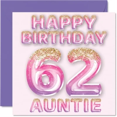 Abbildung von Stuff4 Geburtstagskarte zum 62. Geburtstag für Tante rosa &amp; lila Glitzerballons Happy Birthday Karten 62 Jahre alte von Neffe Nichte, 145 mm x