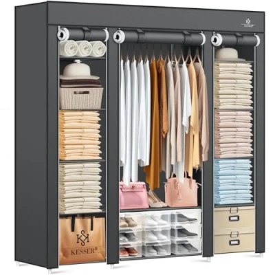 Abbildung von KESSER Kleiderschrank Stoffschrank Stabil mit Kleiderstange &amp; Ablagen, Inkl. 5x Kleiderbügel